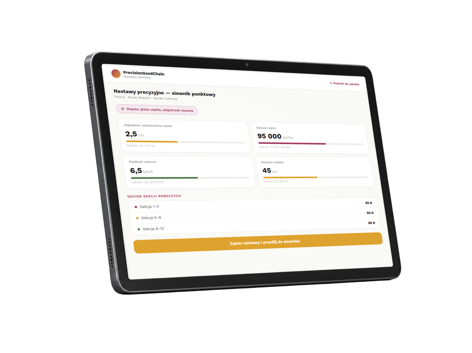 Tablet z aplikacją PrecisionSeedChain — nastawy siewnika