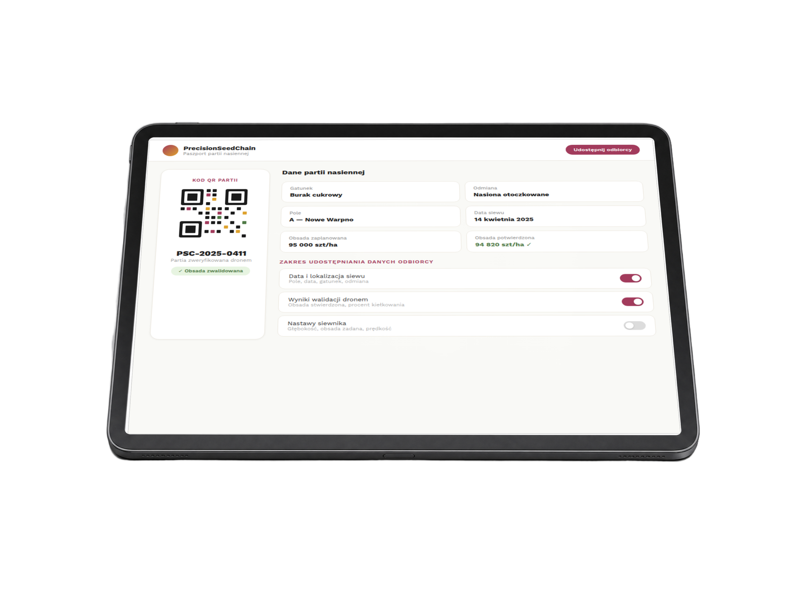 Tablet z aplikacją PrecisionSeedChain — paszport partii